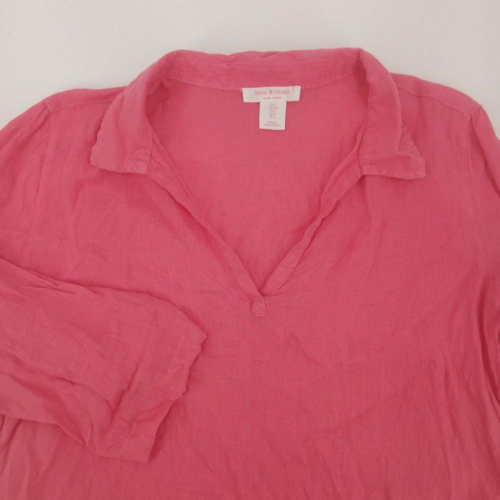 Isaac Mizrahi New York Pink 100% Linen Split Neck Tunic Top Small RN75343